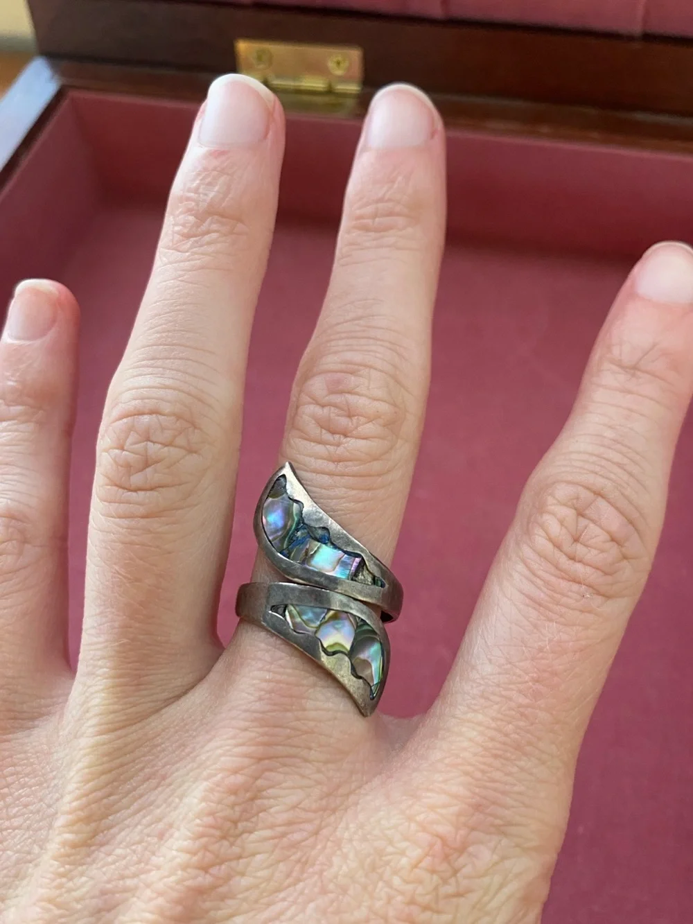 Vintage Handcrafted Elongated Abalone Shell Sterling Silver Ring